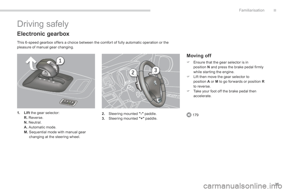 Peugeot 3008 Hybrid 4 2014  Owners Manual - RHD (UK. Australia) .
179
Familiarisation23
 Driving  safely 
  Electronic  gearbox 
  This 6 -speed gearbox offers a choice between the comfort of fully automatic operation or the pleasure of manual gear changing. 
1.Li