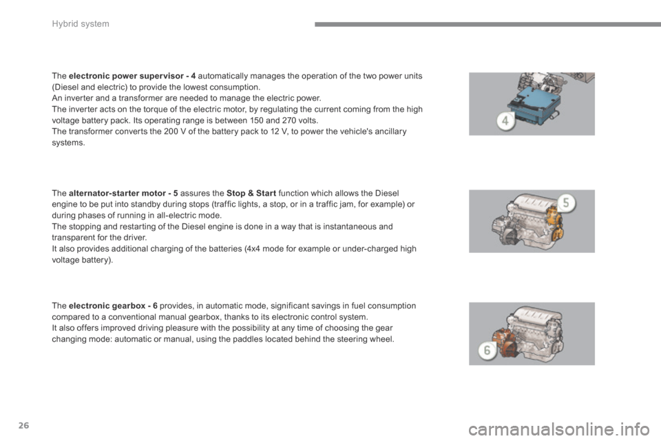 Peugeot 3008 Hybrid 4 2014  Owners Manual - RHD (UK. Australia) Hybrid system
26
  The   electronic power super visor - 4  automatically manages the operation of the two power units (Diesel and electric) to provide the lowest consumption.  An inverter and a transf