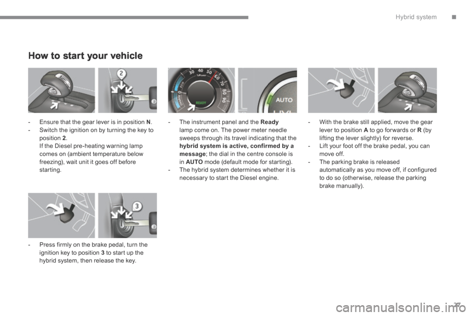 Peugeot 3008 Hybrid 4 2014 Owners Manual - RHD (UK. Australia) .Hybrid system27
How to start your vehicle
- Ensure that the gear lever is in position N . - Switch the ignition on by turning the key to position 2 . If the Diesel pre-heating warning Peugeot 3008 Hybrid 4 2014 Owners Manual - RHD (UK. Australia) .Hybrid system27
How to start your vehicle
- Ensure that the gear lever is in position N . - Switch the ignition on by turning the key to position 2 . If the Diesel pre-heating warning