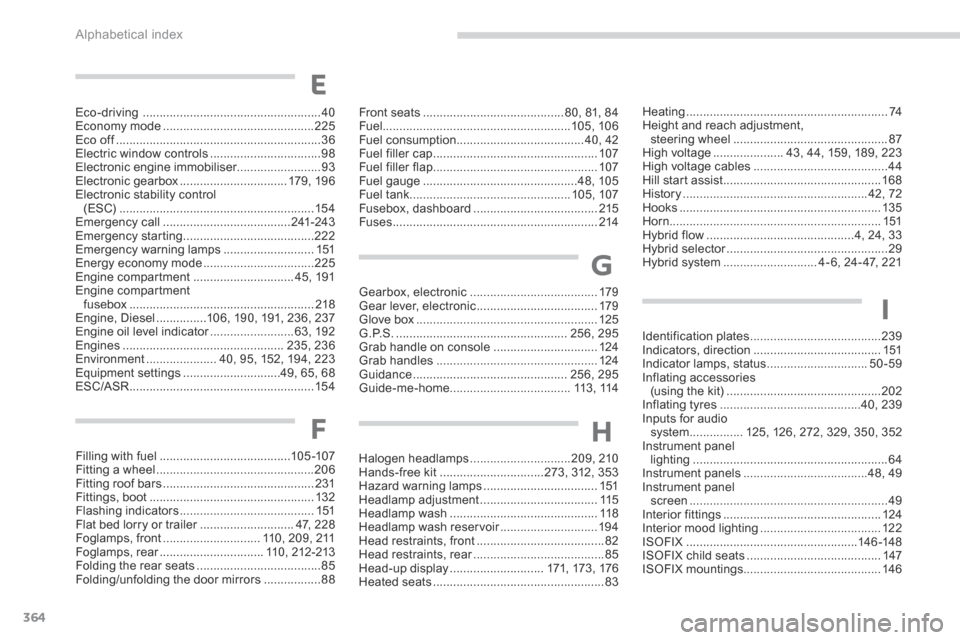 Peugeot 3008 Hybrid 4 2014  Owners Manual - RHD (UK. Australia) Alphabetical index
364
Filling with fuel .......................................105 -107Fitting a wheel ...............................................206Fitting roof bars ............................