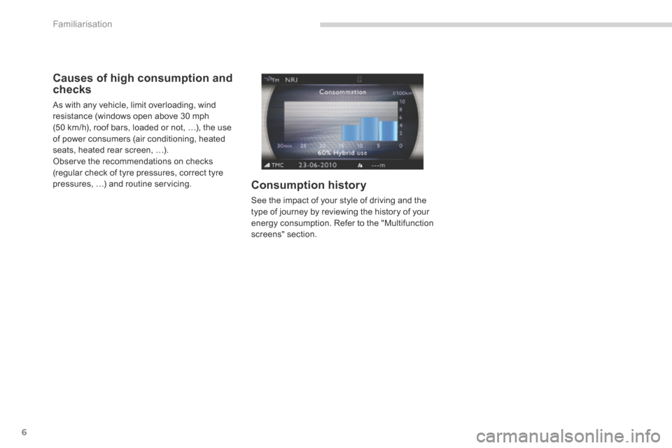 Peugeot 3008 Hybrid 4 2014  Owners Manual - RHD (UK. Australia) Familiarisation
6
  Causes of high consumption and checks 
 As with any vehicle, limit overloading, wind resistance (windows open above 30 mph (50 km/h), roof bars, loaded or not, …), the use of pow