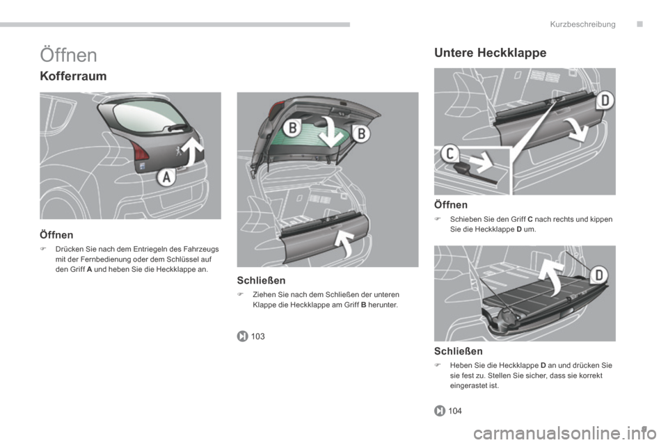 Peugeot 3008 Hybrid 4 2014  Betriebsanleitung (in German) .
103
104
Kurzbeschreibung
9
 Öffnen 
  Kofferraum 
  Öffnen 
   Drücken Sie nach dem Entriegeln des Fahrzeugs mit der Fernbedienung oder dem Schlüssel auf den Griff  A  und heben Sie die Heckk