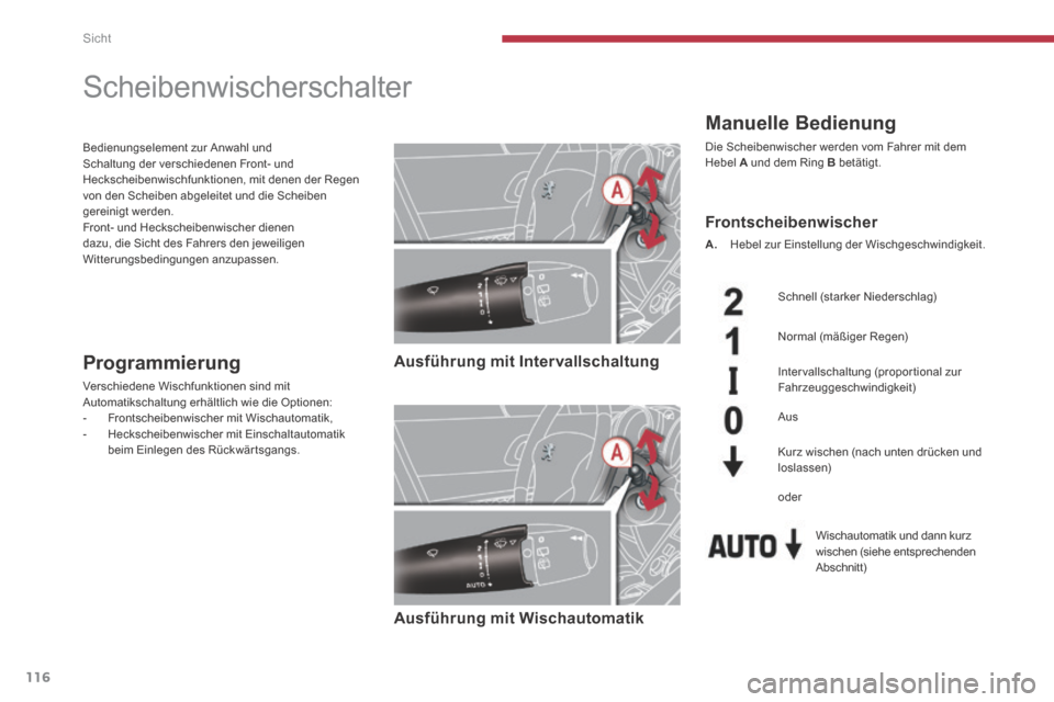 Peugeot 3008 Hybrid 4 2014 Betriebsanleitung (in German) Sicht
116
Scheibenwischerschalter
Manuelle Bedienung
Die Scheibenwischer werden vom Fahrer mit dem Hebel A und dem Ring B betätigt.
Ausführung mit Intervallschaltung
Peugeot 3008 Hybrid 4 2014 Betriebsanleitung (in German) Sicht
116
Scheibenwischerschalter
Manuelle Bedienung
Die Scheibenwischer werden vom Fahrer mit dem Hebel A und dem Ring B betätigt.
Ausführung mit Intervallschaltung