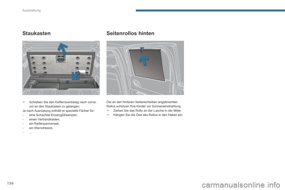 Peugeot 3008 Hybrid 4 2014  Betriebsanleitung (in German) Ausstattung
136
   Schieben Sie den Kofferraumbelag nach vorne, um an den Staukasten zu gelangen.   Je nach Ausrüstung enthält er spezielle Fächer für:    -   eine  Schachtel  Ersatzglühlampen