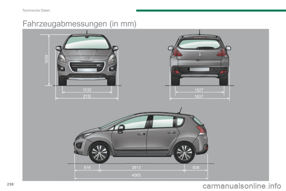 Peugeot 3008 Hybrid 4 2014  Betriebsanleitung (in German) Technische Daten
238
      
Fahrzeugabmessungen (in mm)  