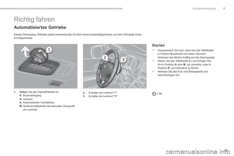 Peugeot 3008 Hybrid 4 2014  Betriebsanleitung (in German) .
179
Kurzbeschreibung
23
 Richtig  fahren 
  Automatisiertes  Getriebe 
  Dieses Sechsgang- Getriebe bietet wahlweise den Komfor t eines Automatikgetriebes und den Fahrspaß eines Schaltgetriebes. 
1