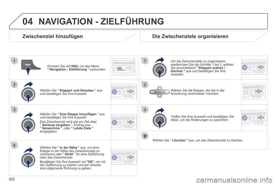Peugeot 3008 Hybrid 4 2014 Betriebsanleitung (in German) 04
302
Zwischenziel hinzufügen
Drücken Sie auf N AV, um das Menü " Navigation - Zielführung " aufzurufen.
Wählen Sie " Etappen und Strecken " aus und bestätigen Sie Ihre Auswah Peugeot 3008 Hybrid 4 2014 Betriebsanleitung (in German) 04
302
Zwischenziel hinzufügen
Drücken Sie auf N AV, um das Menü " Navigation - Zielführung " aufzurufen.
Wählen Sie " Etappen und Strecken " aus und bestätigen Sie Ihre Auswah
