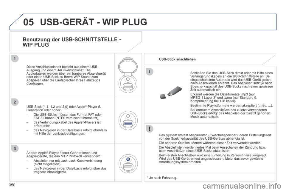 Peugeot 3008 Hybrid 4 2014 Betriebsanleitung (in German) 05
350
USB-GERÄT - WIP PLUG
Das System erstellt Abspiellisten (Zwischenspeicher), deren Erstellungszeit von der Speicherkapazität des USB-Gerätes abhängig ist. Die anderen Quellen können wä Peugeot 3008 Hybrid 4 2014 Betriebsanleitung (in German) 05
350
USB-GERÄT - WIP PLUG
Das System erstellt Abspiellisten (Zwischenspeicher), deren Erstellungszeit von der Speicherkapazität des USB-Gerätes abhängig ist. Die anderen Quellen können wä