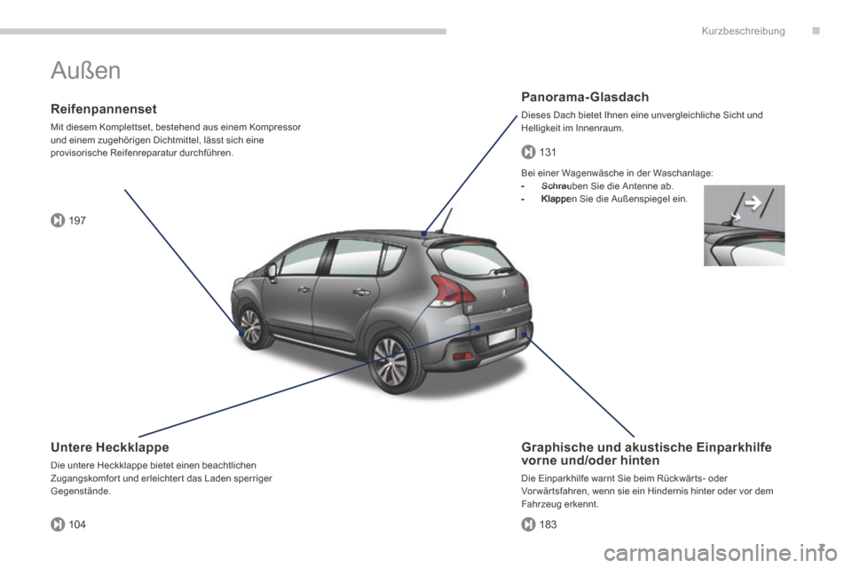 Peugeot 3008 Hybrid 4 2014  Betriebsanleitung (in German) .
197
104183
131
Kurzbeschreibung
7
 Außen  
  Panorama-Glasdach 
 Dieses Dach bietet Ihnen eine unvergleichliche Sicht und Helligkeit im Innenraum.  
  Reifenpannenset 
 Mit diesem Komplettset, best
