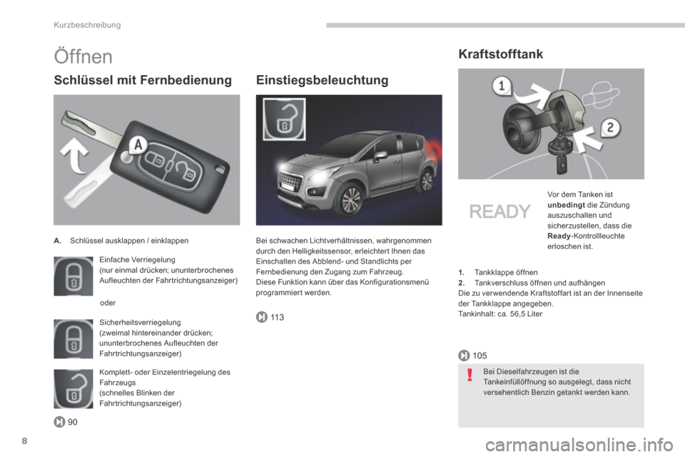 Peugeot 3008 Hybrid 4 2014 Betriebsanleitung (in German) 90
105
11 3
Kurzbeschreibung
8
Öffnen
Schlüssel mit Fernbedienung
A. Schlüssel ausklappen / einklappen
Einfache Verriegelung (nur einmal drücken; ununterbrochenes Aufleuchten der Fah Peugeot 3008 Hybrid 4 2014 Betriebsanleitung (in German) 90
105
11 3
Kurzbeschreibung
8
Öffnen
Schlüssel mit Fernbedienung
A. Schlüssel ausklappen / einklappen
Einfache Verriegelung (nur einmal drücken; ununterbrochenes Aufleuchten der Fah