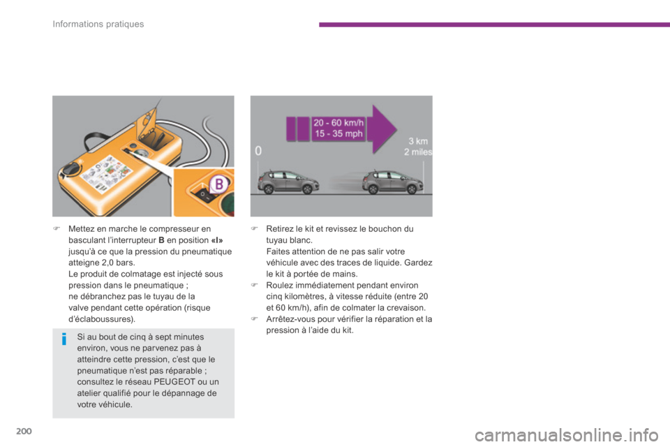 Peugeot 3008 Hybrid 4 2014  Manuel du propriétaire (in French) Informations pratiques
200
   Mettez en marche le compresseur en basculant l’interrupteur  B  en position  «I»jusqu’à ce que la pression du pneumatique atteigne 2,0 bars.    Le produit de co