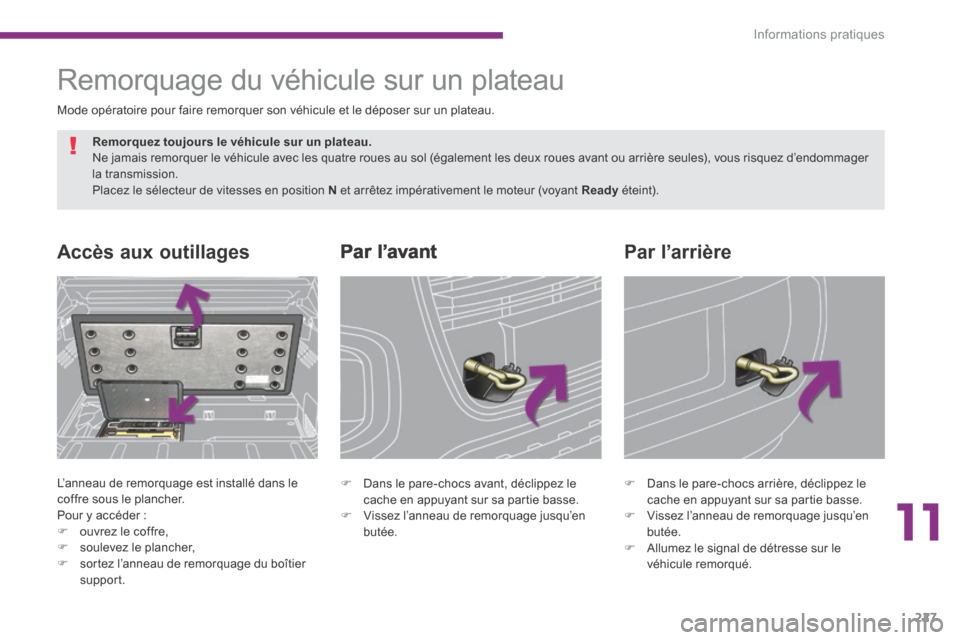 Peugeot 3008 Hybrid 4 2014 Manuel du propriétaire (in French) 11
Informations pratiques227
Par l’avant Accès aux outillages
L’anneau de remorquage est installé dans le coffre sous le plancher. Pour y accéder : ouvrez le coffre,
soul Peugeot 3008 Hybrid 4 2014 Manuel du propriétaire (in French) 11
Informations pratiques227
Par l’avant Accès aux outillages
L’anneau de remorquage est installé dans le coffre sous le plancher. Pour y accéder : ouvrez le coffre,
soul