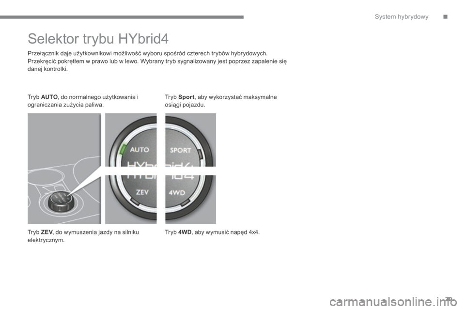 Peugeot 3008 Hybrid 4 2014  Instrukcja Obsługi (in Polish) .System hybrydowy29
         Selektor trybu HYbrid4  
  Przełącznik daje użytkownikowi możliwość wyboru spośród czterech trybów hybrydowych.  Przekręcić pokrętłem w prawo lub w lewo. Wybr