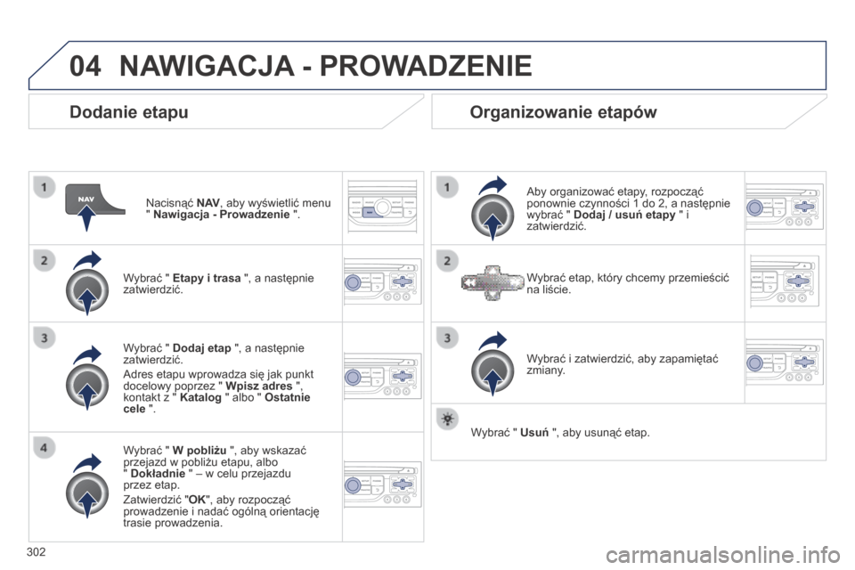 Peugeot 3008 Hybrid 4 2014  Instrukcja Obsługi (in Polish) 04
302
  Dodanie etapu 
  Nacisnąć  N AV , aby wyświetlić menu "  Nawigacja - Prowadzenie  " .   
  Wybrać "  Etapy i trasa  ", a następnie zatwierdzić.  
  Wybrać "  W pobliżu  ", aby wskaza