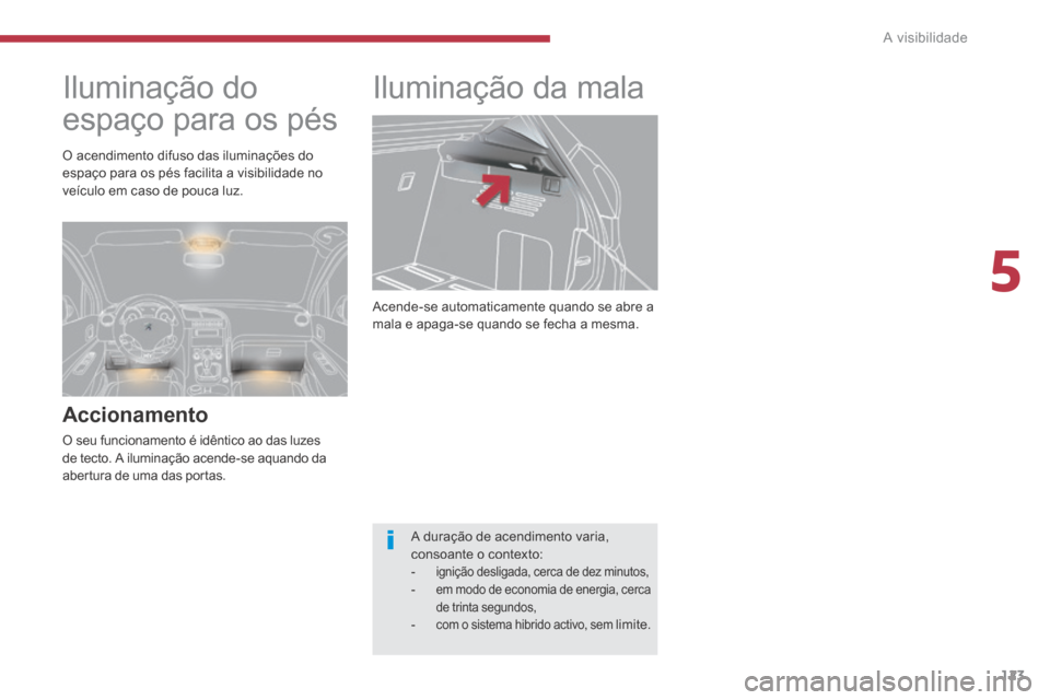 Peugeot 3008 Hybrid 4 2014  Manual do proprietário (in Portuguese) 5
A visibilidade123
 Acende-se automaticamente quando se abre a mala e apaga-se quando se fecha a mesma. 
     Iluminação  da  mala 
      
Iluminação do 
espaço para os pés 
  Accionamento 
 O 