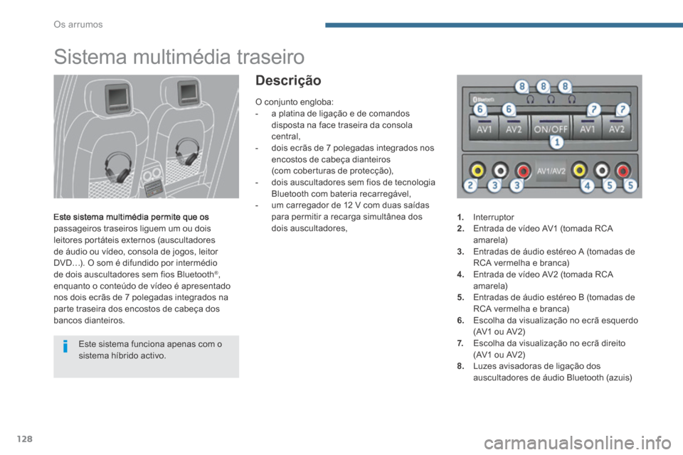 Peugeot 3008 Hybrid 4 2014  Manual do proprietário (in Portuguese) Os arrumos
128
      
Sistema multimédia traseiro 
  Este sistema multimédia permite que os passageiros traseiros liguem um ou dois leitores portáteis externos (auscultadores de áudio ou vídeo, c
