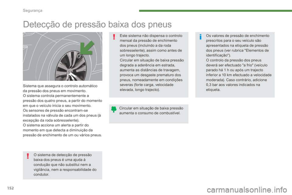 Peugeot 3008 Hybrid 4 2014  Manual do proprietário (in Portuguese) Segurança
152
         Detecção de pressão baixa dos pneus  
  Sistema que assegura o controlo automático da pressão dos pneus em movimento.  O sistema controla permanentemente a pressão dos qu