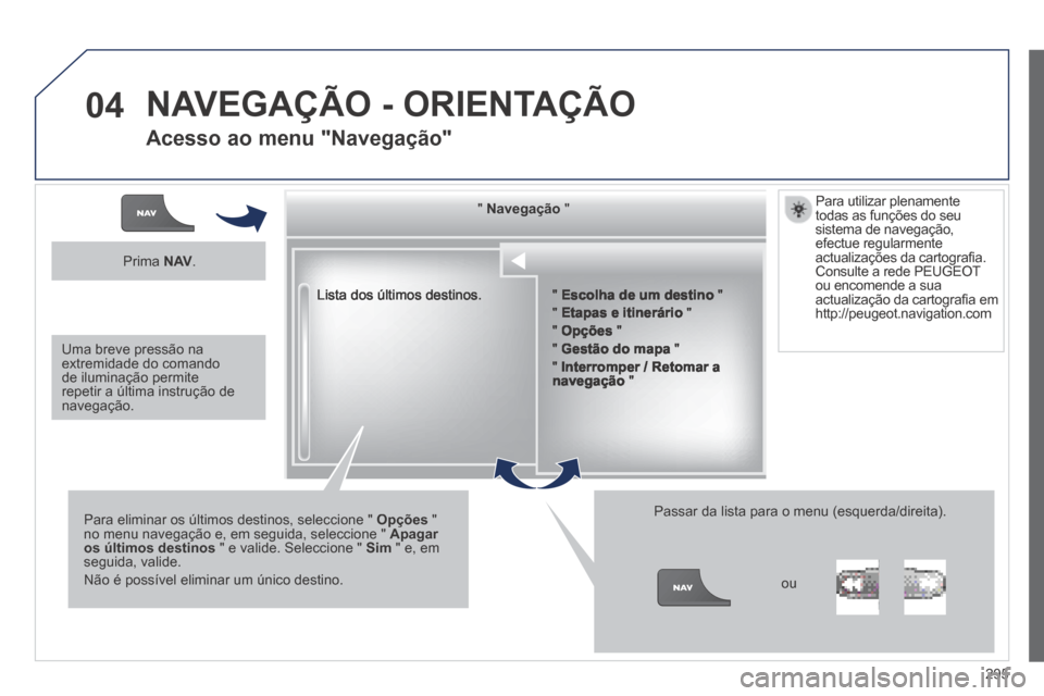 Peugeot 3008 Hybrid 4 2014  Manual do proprietário (in Portuguese) 04
295
 Lista dos últimos destinos.  
  "     "     "     "     "     "     "     "     "     "     "     "     "     "     "     "     "     "     "     "     "     "     "   NavegaçãoNavegaçãoN