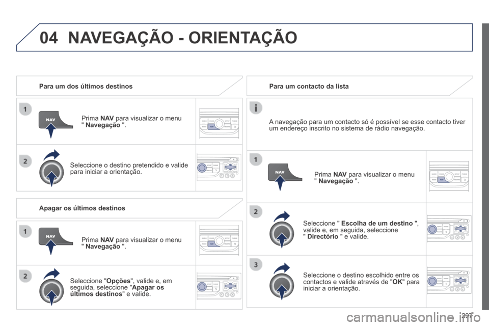 Peugeot 3008 Hybrid 4 2014  Manual do proprietário (in Portuguese) 04
297
   Para  um  dos  últimos  destinos  
  Prima   N AV  para visualizar o menu "  Navegação   ".  
  Seleccione o destino pretendido e valide para iniciar a orientação.   
   Para  um  conta