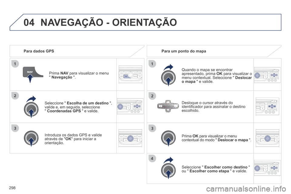 Peugeot 3008 Hybrid 4 2014  Manual do proprietário (in Portuguese) 04
298
  Seleccione  "   Escolha de um destino   ",valide e, em seguida, seleccione"  Coordenadas GPS  " e valide.  
  Introduza os dados GPS e valide através de " OK " para iniciar a orientação.  
