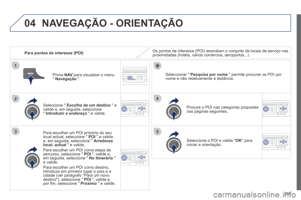 Peugeot 3008 Hybrid 4 2014  Manual do proprietário (in Portuguese) 04
299
   Para pontos de interesse (POI)  Os pontos de interesse (POI) assinalam o conjunto de locais de serviç\
o nas proximidades (hotéis, vários comércios, aeroportos...).  
  Seleccione  "   E