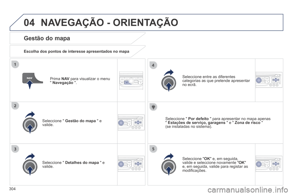 Peugeot 3008 Hybrid 4 2014  Manual do proprietário (in Portuguese) 04
304
  Prima   N AV  para visualizar o menu "  Navegação   ".  
  Gestão  do  mapa 
  Escolha dos pontos de interesse apresentados no mapa  
  Seleccione  "   Gestão do mapa  " e valide.  
  Sel