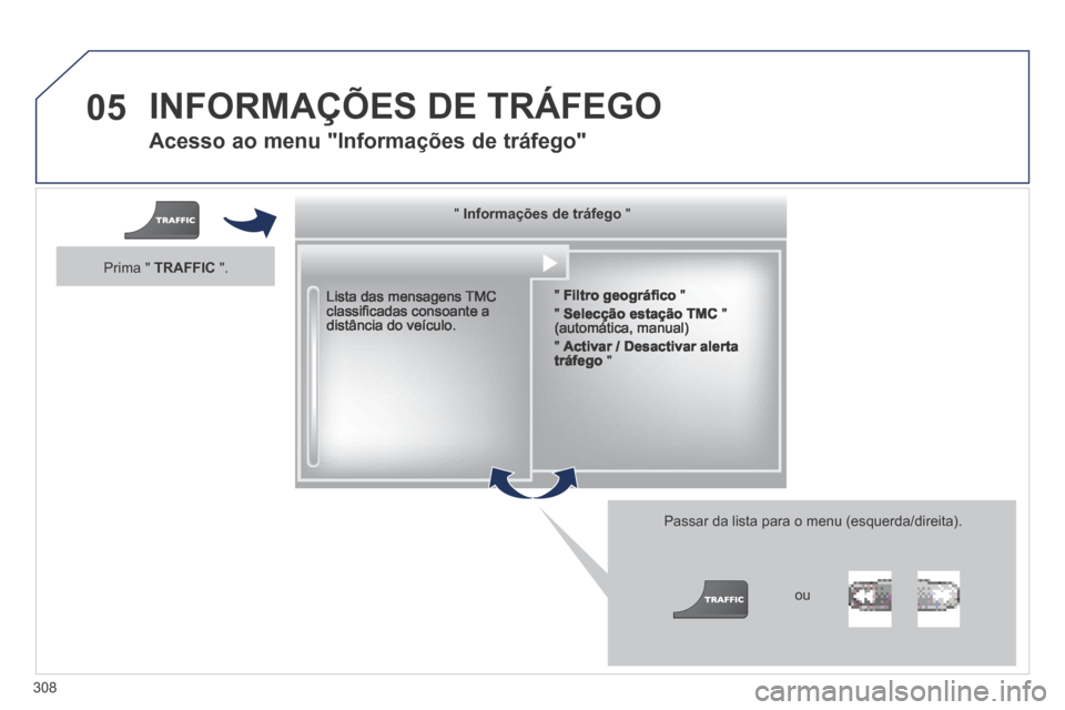 Peugeot 3008 Hybrid 4 2014  Manual do proprietário (in Portuguese) 05
308
  Acesso ao menu "Informações de tráfego" 
  Lista  das  mensagens  TMC classiﬁ cadas consoante a distância do veículo.  
  Passar da lista para o menu (esquerda/direita). 
  "     "    