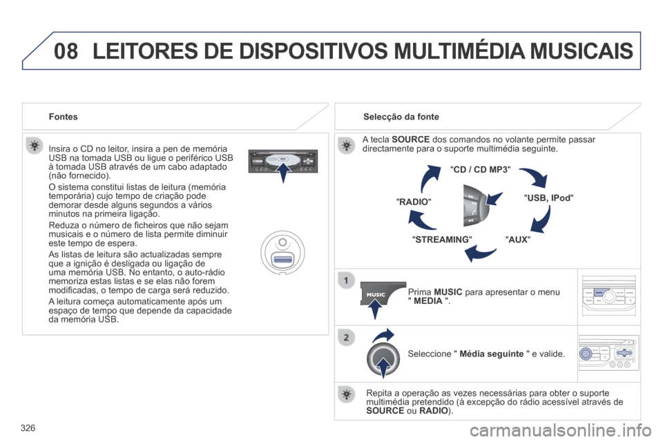 Peugeot 3008 Hybrid 4 2014  Manual do proprietário (in Portuguese) 08
326
  Insira o CD no leitor, insira a pen de memória USB na tomada USB ou ligue o periférico USB à tomada USB através de um cabo adaptado (não fornecido). 
 O sistema constitui listas de leitu