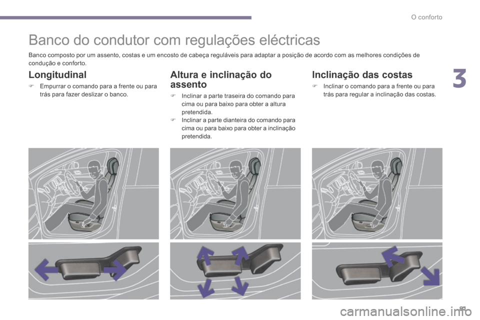 Peugeot 3008 Hybrid 4 2014  Manual do proprietário (in Portuguese) 3
O conforto81
            Banco do condutor com regulações eléctricas 
  Longitudinal 
   Empurrar o comando para a frente ou para trás para fazer deslizar o banco.   
  Altura e inclinação 