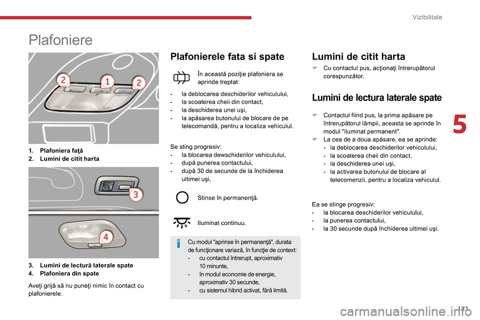 Peugeot 3008 Hybrid 4 2014  Manualul de utilizare (in Romanian) 5
Vizibilitate
121
   
 
 
 
 
 
 
 
 
 
 
 
 
 
Plafoniere  
 
 
 
 
1. 
  Plafoniera faţă 
 
   
2. 
  Lumini de citit 
  harta 
 
 
 
Plafonierele fata si spate 
 
 
În această poziţie plafoni