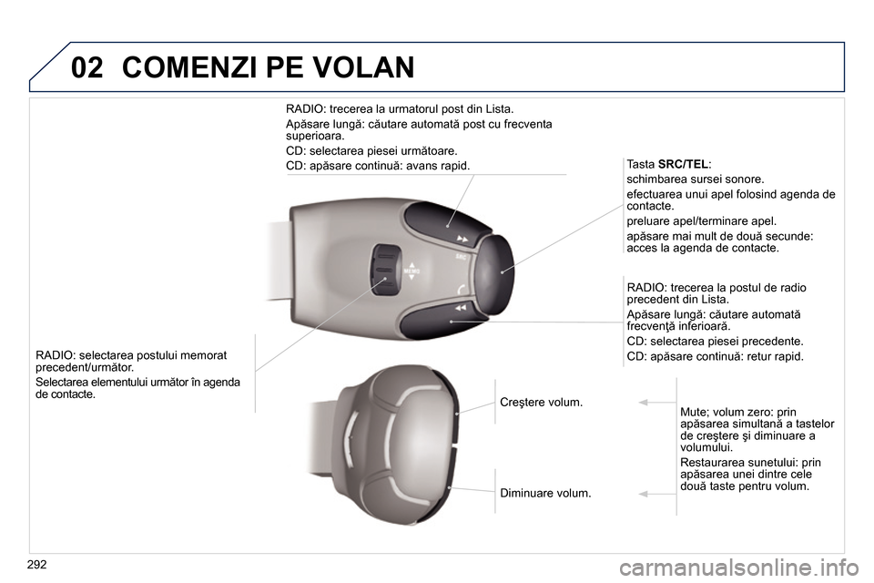 Peugeot 3008 Hybrid 4 2014  Manualul de utilizare (in Romanian) 02
292   
 
RADIO: selectarea postului memorat 
precedent/următor. 
  Selectarea elementului următor în agenda 
de contacte.     
Tasta  SRC/TEL 
: 
  schimbarea sursei sonore. 
  efectuarea unui a