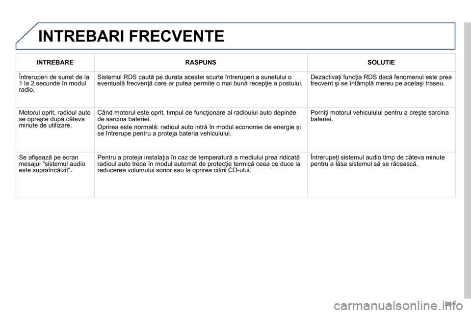 Peugeot 3008 Hybrid 4 2014  Manualul de utilizare (in Romanian) 361
  INTREBARI FRECVENTE 
 
 
 
INTREBARE  
   
 
RASPUNS  
   
 
SOLUTIE  
 
  Întreruperi de sunet de la 
1 la 2 secunde în modul 
radio.   Sistemul RDS caută pe durata acestei scurte întrerupe