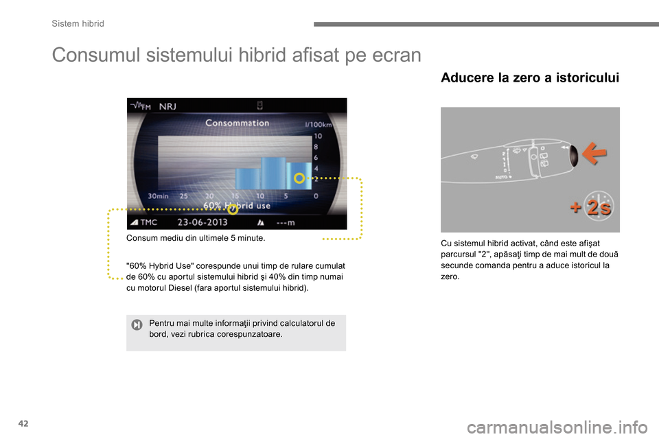 Peugeot 3008 Hybrid 4 2014  Manualul de utilizare (in Romanian) Sistem hibrid
42
   
 
 
 
 
 
 
 
Consumul sistemului hibrid aﬁ sat pe ecran 
 
 
Consum mediu din ultimele 5 minute. 
  "60% Hybrid Use" corespunde unui timp de rulare cumulat 
de 60% cu aportul s