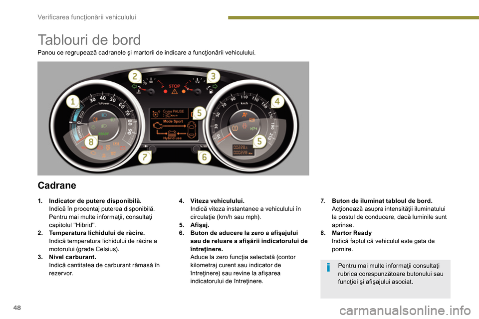 Peugeot 3008 Hybrid 4 2014  Manualul de utilizare (in Romanian) Ver if ic area funcţionării vehiculului
48
  Panou ce regrupează cadranele şi martorii de indicare a funcţionării vehiculului. 
 
 
 
 
 
 
 
 
 
 
 
 
 
 
 
 
 
 
Tablouri de bord 
 
 
Cadrane 
