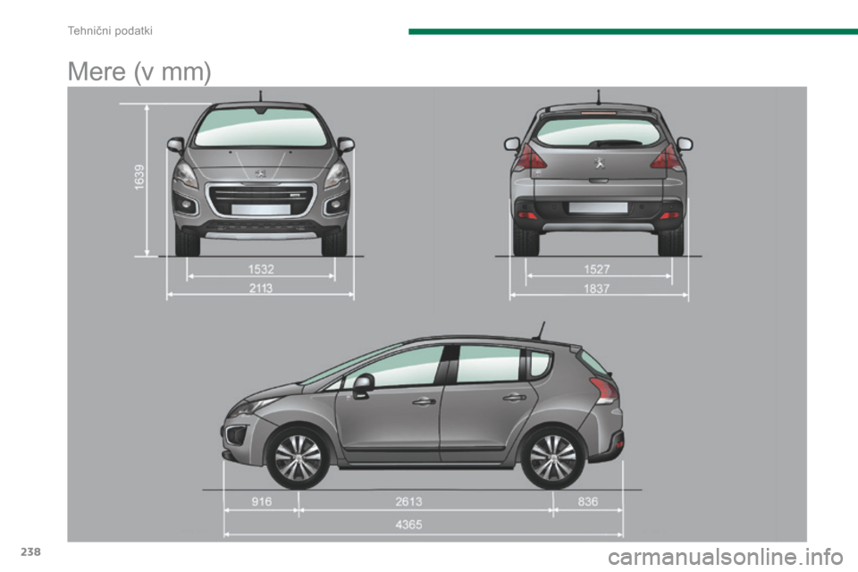 Peugeot 3008 Hybrid 4 2014  Priročnik za lastnika (in Slovenian) Tehnični podatki
238
      
Mere (v mm)  