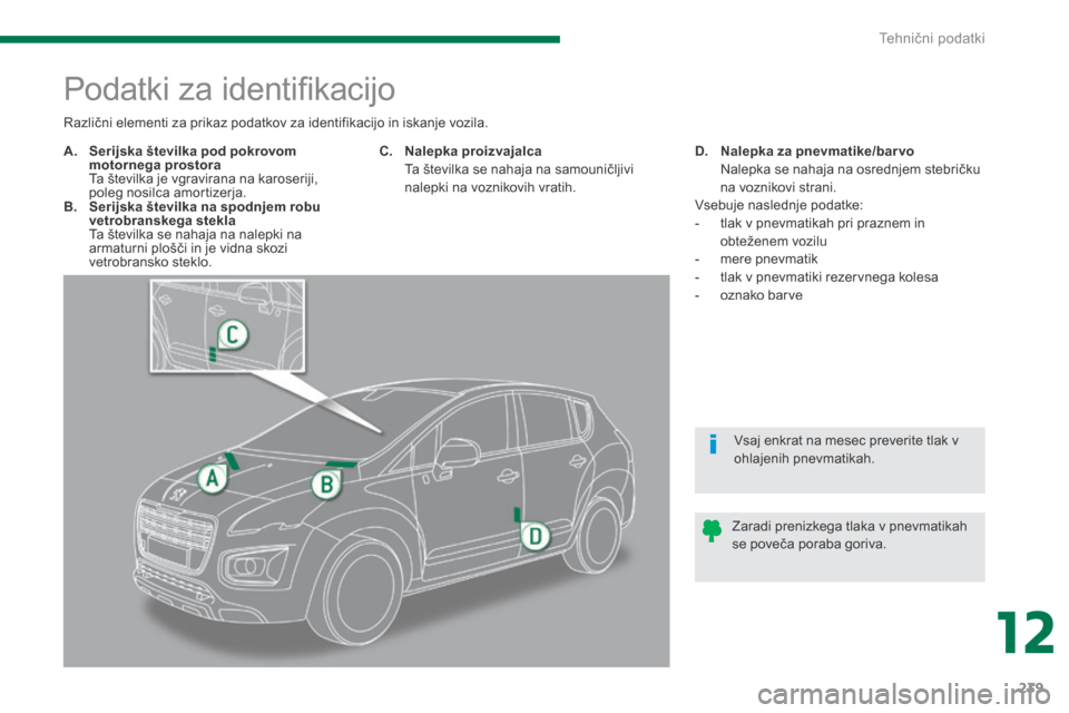 Peugeot 3008 Hybrid 4 2014  Priročnik za lastnika (in Slovenian) 12
Tehnični podatki239
                        Podatki za identiﬁ kacijo 
A.    Serijska številka pod pokrovom motornega prostora       Ta številka je vgravirana na karoseriji, poleg nosilca amor