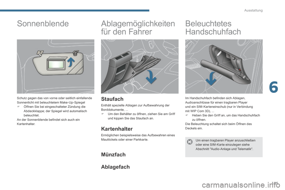 Peugeot 3008 Hybrid 4 2013.5 Betriebsanleitung (in German) 6
Ausstattung
125
Ablagemöglichkeiten
für den Fahrer
Staufach
Enthält spezielle Ablagen zur Aufbewahrung der Borddokumente, ... Um den Behälter zu öffnen, ziehen Sie am Griff u Peugeot 3008 Hybrid 4 2013.5 Betriebsanleitung (in German) 6
Ausstattung
125
Ablagemöglichkeiten
für den Fahrer
Staufach
Enthält spezielle Ablagen zur Aufbewahrung der Borddokumente, ... Um den Behälter zu öffnen, ziehen Sie am Griff u