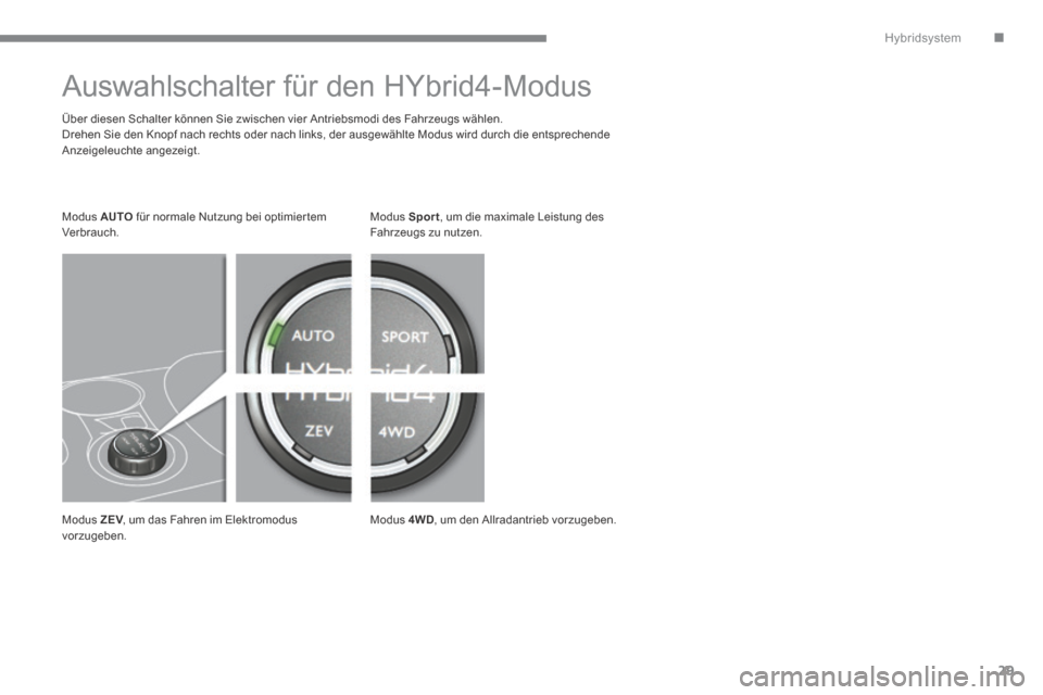 Peugeot 3008 Hybrid 4 2013.5  Betriebsanleitung (in German) .Hybridsystem
29
         Auswahlschalter für den HYbrid4-Modus  
  Über diesen Schalter können Sie zwischen vier Antriebsmodi des Fahrzeugs wählen.  Drehen Sie den Knopf nach rechts oder nach lin