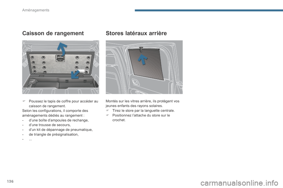 Peugeot 3008 Hybrid 4 2013.5  Manuel du propriétaire (in French) Aménagements
136
   Poussez le tapis de coffre pour accéder au caisson de rangement.   Selon les configurations, il comporte des aménagements dédiés au rangement :    -   d’une  boîte  d’