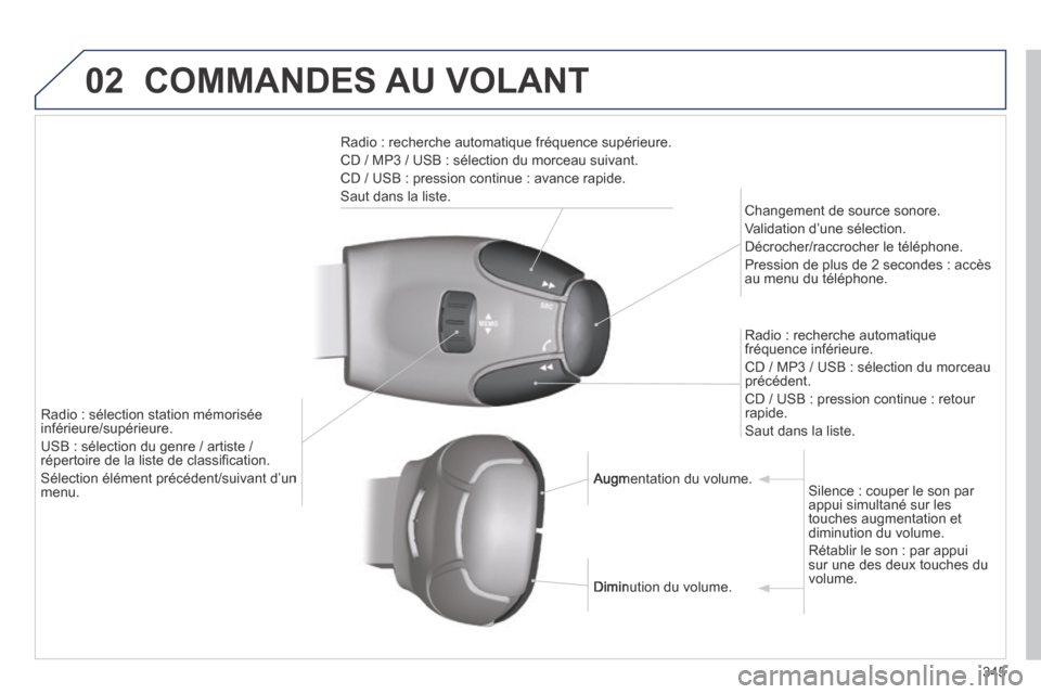 Peugeot 3008 Hybrid 4 2013.5  Manuel du propriétaire (in French) 02
345
 COMMANDES  AU  VOLANT 
  Radio : recherche automatique fréquence supérieure. 
 CD / MP3 / USB : sélection du morceau suivant. 
 CD / USB : pression continue : avance rapide. 
 Saut dans la 