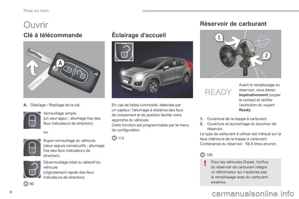 Peugeot 3008 Hybrid 4 2013.5 Manuel du propriétaire (in French) 90
105
11 3
Prise en main
8
Ouvrir
Clé à télécommande
A. Dépliage / Repliage de la clé.
Verrouillage simple (un seul appui ; allumage fixe des feux indicateurs de direction).
Sup Peugeot 3008 Hybrid 4 2013.5 Manuel du propriétaire (in French) 90
105
11 3
Prise en main
8
Ouvrir
Clé à télécommande
A. Dépliage / Repliage de la clé.
Verrouillage simple (un seul appui ; allumage fixe des feux indicateurs de direction).
Sup