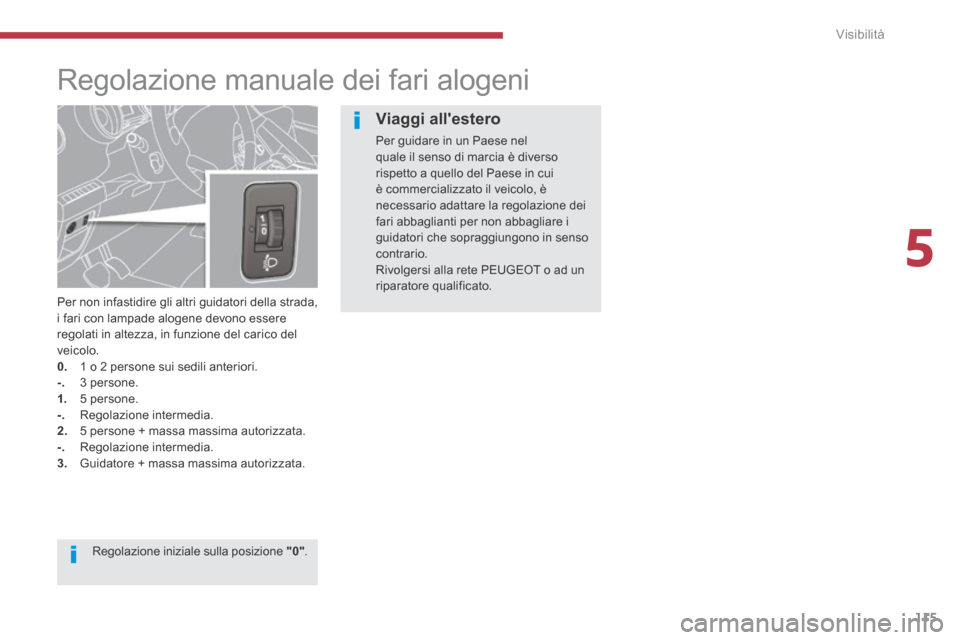 Peugeot 3008 Hybrid 4 2013.5  Manuale del proprietario (in Italian) 5
Visibilità115
         Regolazione manuale dei fari alogeni 
  Per non infastidire gli altri guidatori della strada, i fari con lampade alogene devono essere regolati in altezza, in funzione del ca