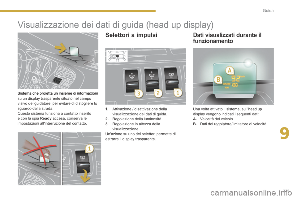 Peugeot 3008 Hybrid 4 2013.5  Manuale del proprietario (in Italian) 9
171
Guida
  Sistema che proietta un insieme di informazioni su un display trasparente situato nel campo visivo del guidatore, per evitare di distogliere lo sguardo dalla strada.  Questo sistema funz