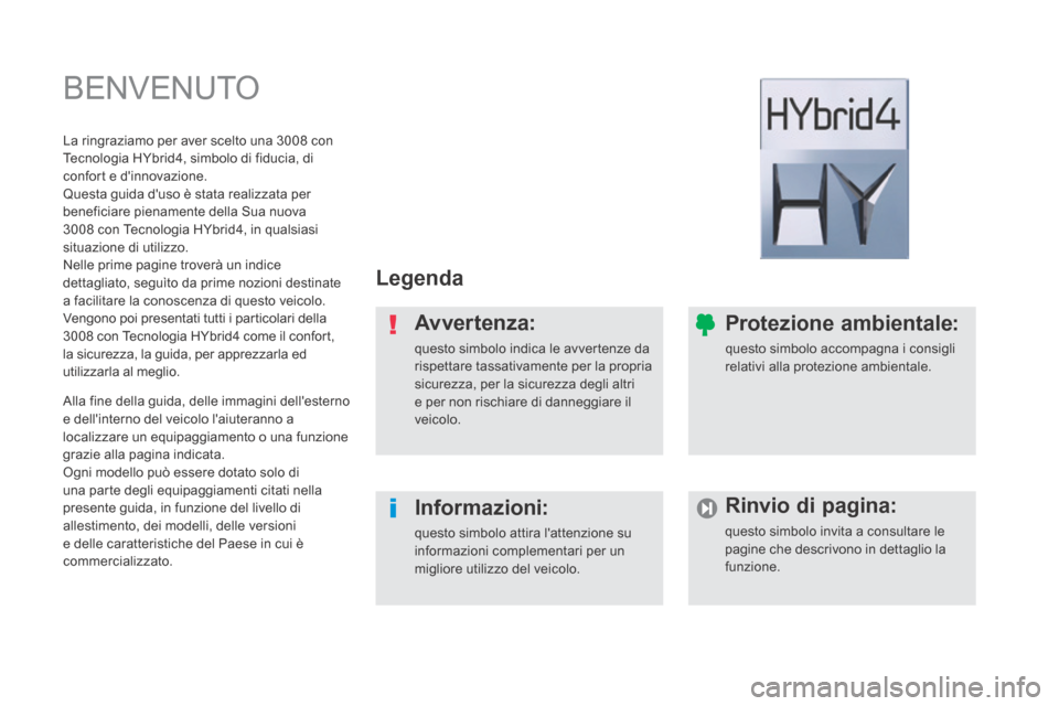 Peugeot 3008 Hybrid 4 2013.5 Manuale del proprietario (in Italian) BENVENUTO
Legenda
Avvertenza:
questo simbolo indica le avvertenze da rispettare tassativamente per la propria sicurezza, per la sicurezza degli altri e per non rischiare di danneggiare il v Peugeot 3008 Hybrid 4 2013.5 Manuale del proprietario (in Italian) BENVENUTO
Legenda
Avvertenza:
questo simbolo indica le avvertenze da rispettare tassativamente per la propria sicurezza, per la sicurezza degli altri e per non rischiare di danneggiare il v