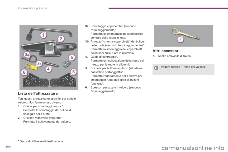 Peugeot 3008 Hybrid 4 2013.5  Manuale del proprietario (in Italian) Informazioni pratiche
204
  Altri  accessori 
7.    Anello amovibile di traino. 
  *    Secondo  il  Paese  di  destinazione.  
 Vedere  rubrica  "Traino  del  veicolo".     
  Lista  dellattrezzatur