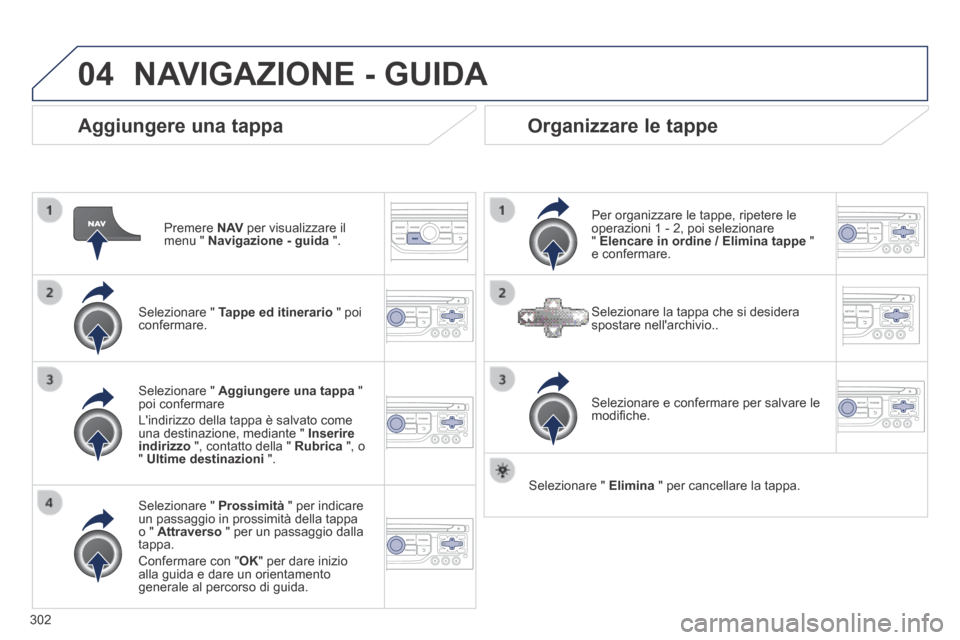 Peugeot 3008 Hybrid 4 2013.5  Manuale del proprietario (in Italian) 04
302
  Aggiungere  una  tappa 
  Premere   N AV  per visualizzare il menu "  Navigazione - guida   ".  
  Selezionare  "   Tappe ed itinerario  " poi confermare.  
  Selezionare  "   Prossimità  " 