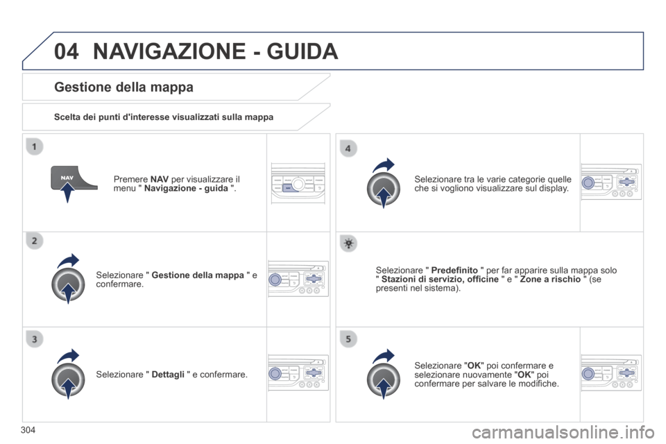 Peugeot 3008 Hybrid 4 2013.5  Manuale del proprietario (in Italian) 04
304
  Premere   N AV  per visualizzare il menu "  Navigazione - guida   ".  
  Gestione  della  mappa 
  Scelta dei punti dinteresse visualizzati sulla mappa  
  Selezionare  "   Gestione della ma