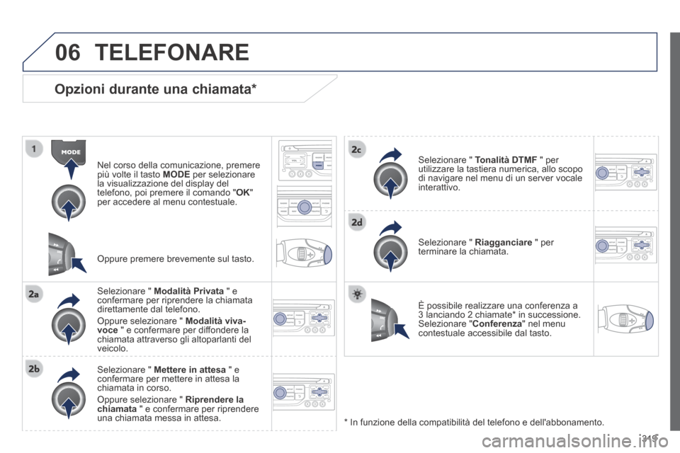 Peugeot 3008 Hybrid 4 2013.5 Manuale del proprietario (in Italian) 06
319
Opzioni durante una chiamata *
Nel corso della comunicazione, premere più volte il tasto MODE per selezionare la visualizzazione del display del telefono, poi premere il comando " O Peugeot 3008 Hybrid 4 2013.5 Manuale del proprietario (in Italian) 06
319
Opzioni durante una chiamata *
Nel corso della comunicazione, premere più volte il tasto MODE per selezionare la visualizzazione del display del telefono, poi premere il comando " O