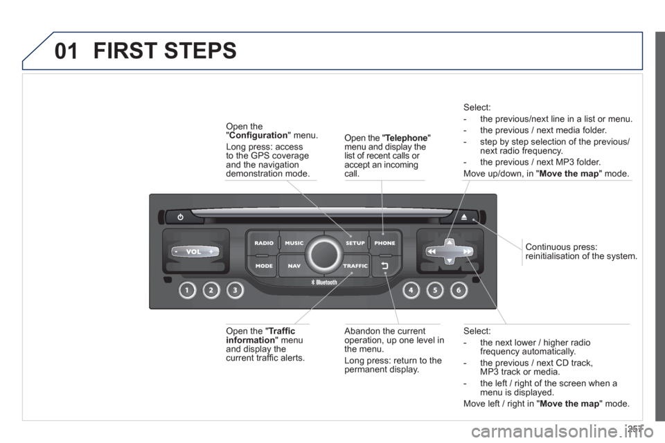 Peugeot 3008 Hybrid 4 2013  Owners Manual - RHD (UK. Australia) 257
01
Select:
-   the next lower / hi
gher radiofrequency automatically.
-  the previous 
/ next CD track, MP3 track or media.
-  the le
ft / right of the screen when a menu is displayed.
Move left /