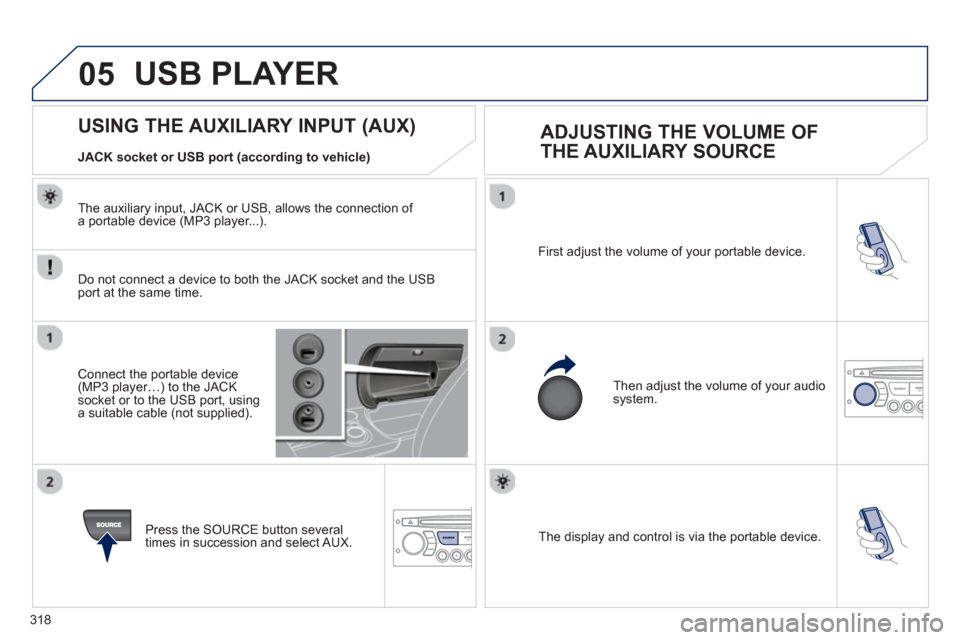Peugeot 3008 Hybrid 4 2013  Owners Manual - RHD (UK. Australia) 318
05
  The display and control is via the portable device.  First ad
just the volume of your portable device. 
  Then ad
just the volume of your audio system.
 
 
 
 
 
 
 
 
 
 
 
 
 
 
 
 
 
 
 
U
